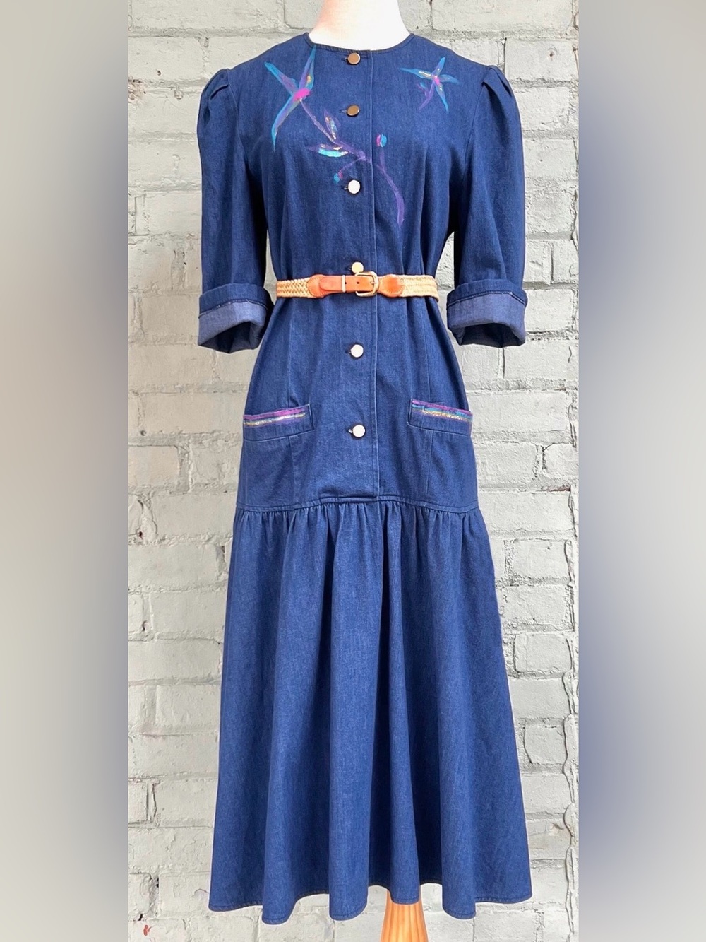Vintage Blue Denim Button-Front Midi Dress